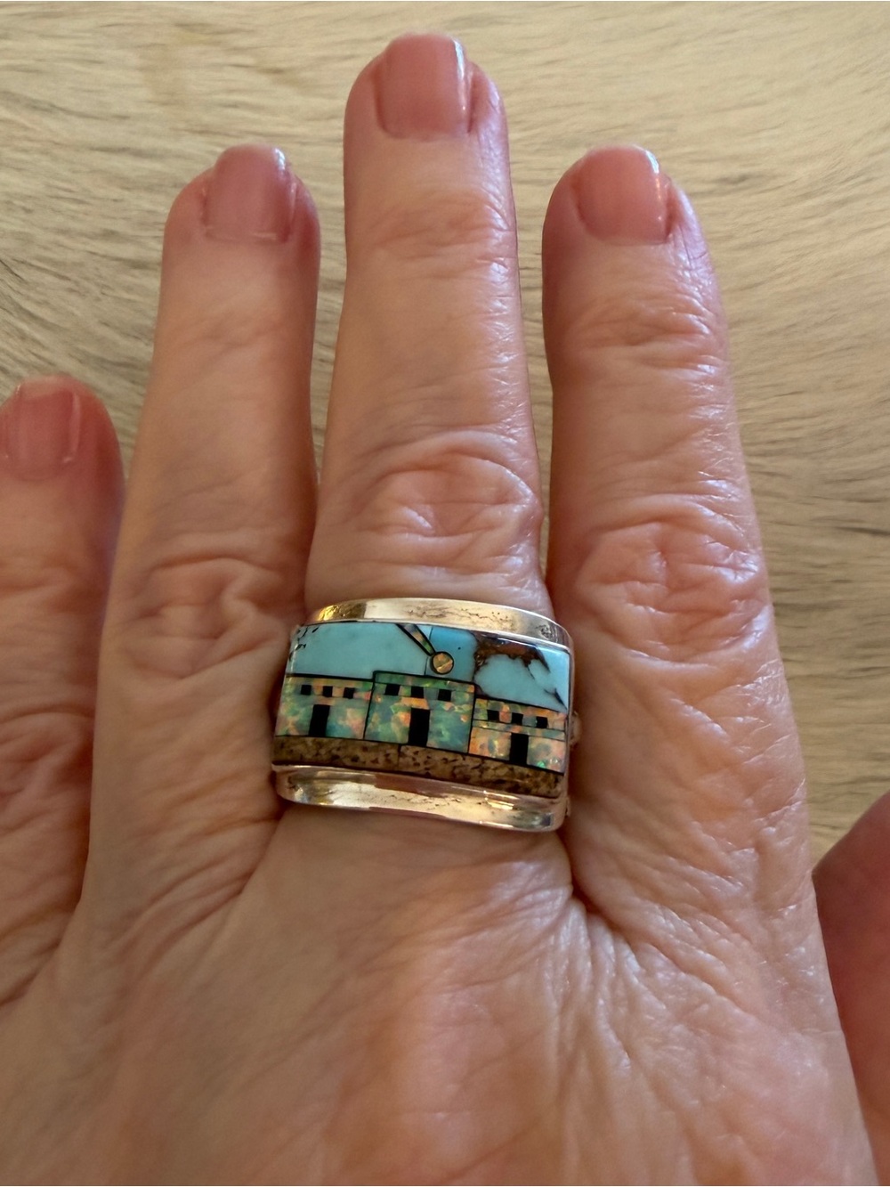 ❤️ Signed Galaxy Micro Inlaid Large Pueblo Scene Sterling Ring Sz 9 Unisex 8.7G - Picture 3 of 17